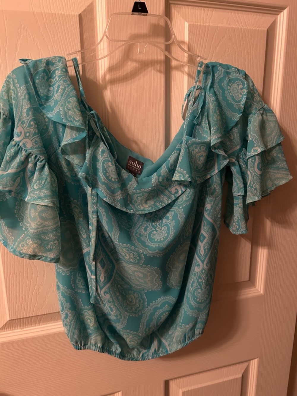 Soho Teal Paisley Ruffle-Sleeve Blouse